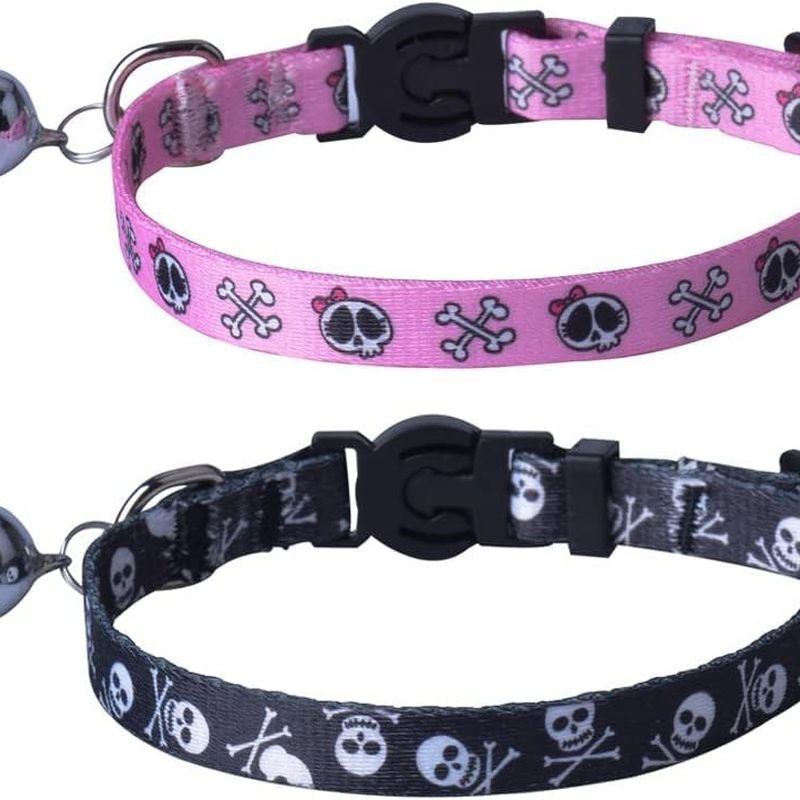 Breakaway Cat Collar with Bell Charm, 2 Packs Adjustable Kitty Collars Pink & Black Skull Pattern, 7.8-11.8 In