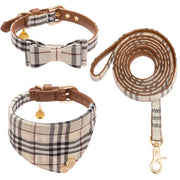 Plaid Dog Collar and Leash Set Cute Bow Tie&Bandana Necktie Adjustable Leather Small Dog Collars