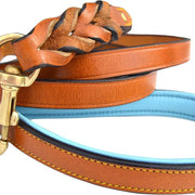 Leather Braided Dog Leash, Tan with Teal Padded Handle, 6Ft X 3/4