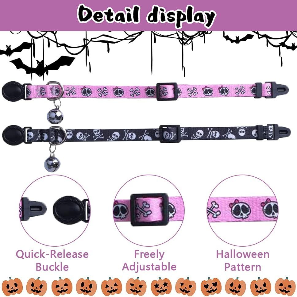 Breakaway Cat Collar with Bell Charm, 2 Packs Adjustable Kitty Collars Pink & Black Skull Pattern, 7.8-11.8 In