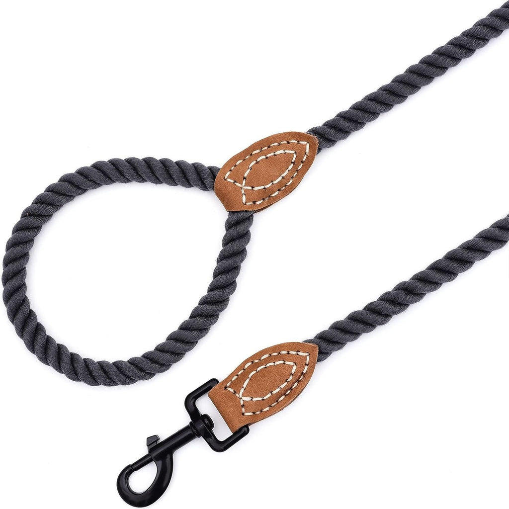 Dog Leash, Braided Cotton Rope Leashes with Leather Tailor Tip with Leather Tip - Heavy Duty Metal Clasp, 4FT, 1/2" Thick - Wedding, Walking for Medium Large Dogs(Dark Gray)