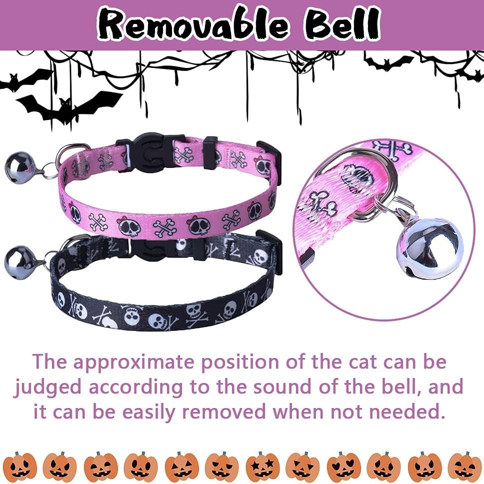 Breakaway Cat Collar with Bell Charm, 2 Packs Adjustable Kitty Collars Pink & Black Skull Pattern, 7.8-11.8 In
