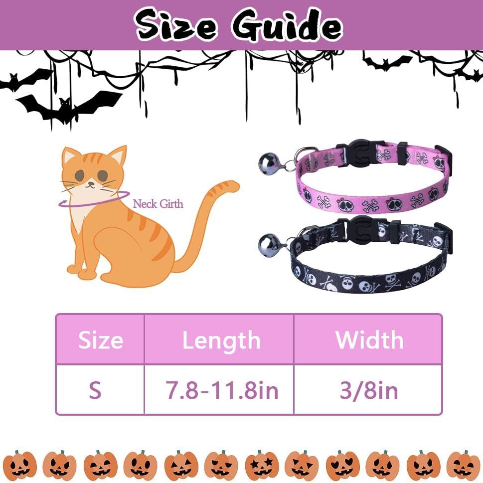Breakaway Cat Collar with Bell Charm, 2 Packs Adjustable Kitty Collars Pink & Black Skull Pattern, 7.8-11.8 In