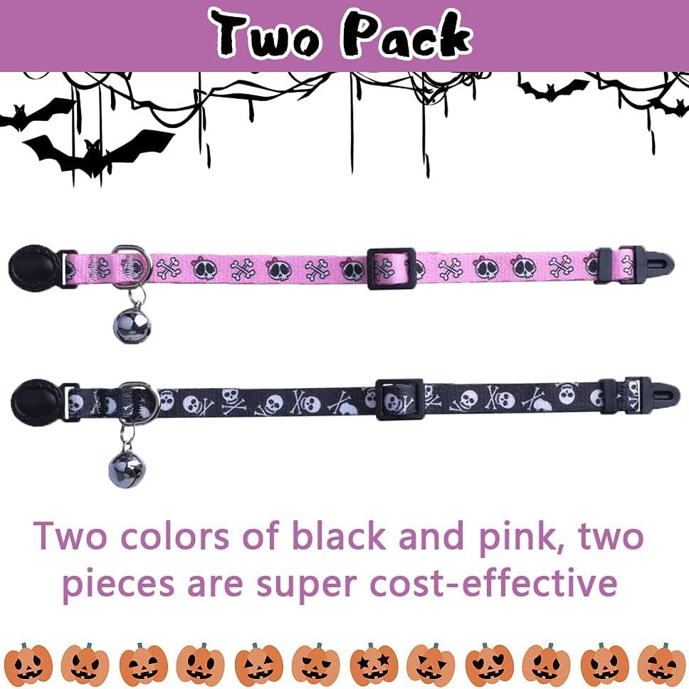 Breakaway Cat Collar with Bell Charm, 2 Packs Adjustable Kitty Collars Pink & Black Skull Pattern, 7.8-11.8 In