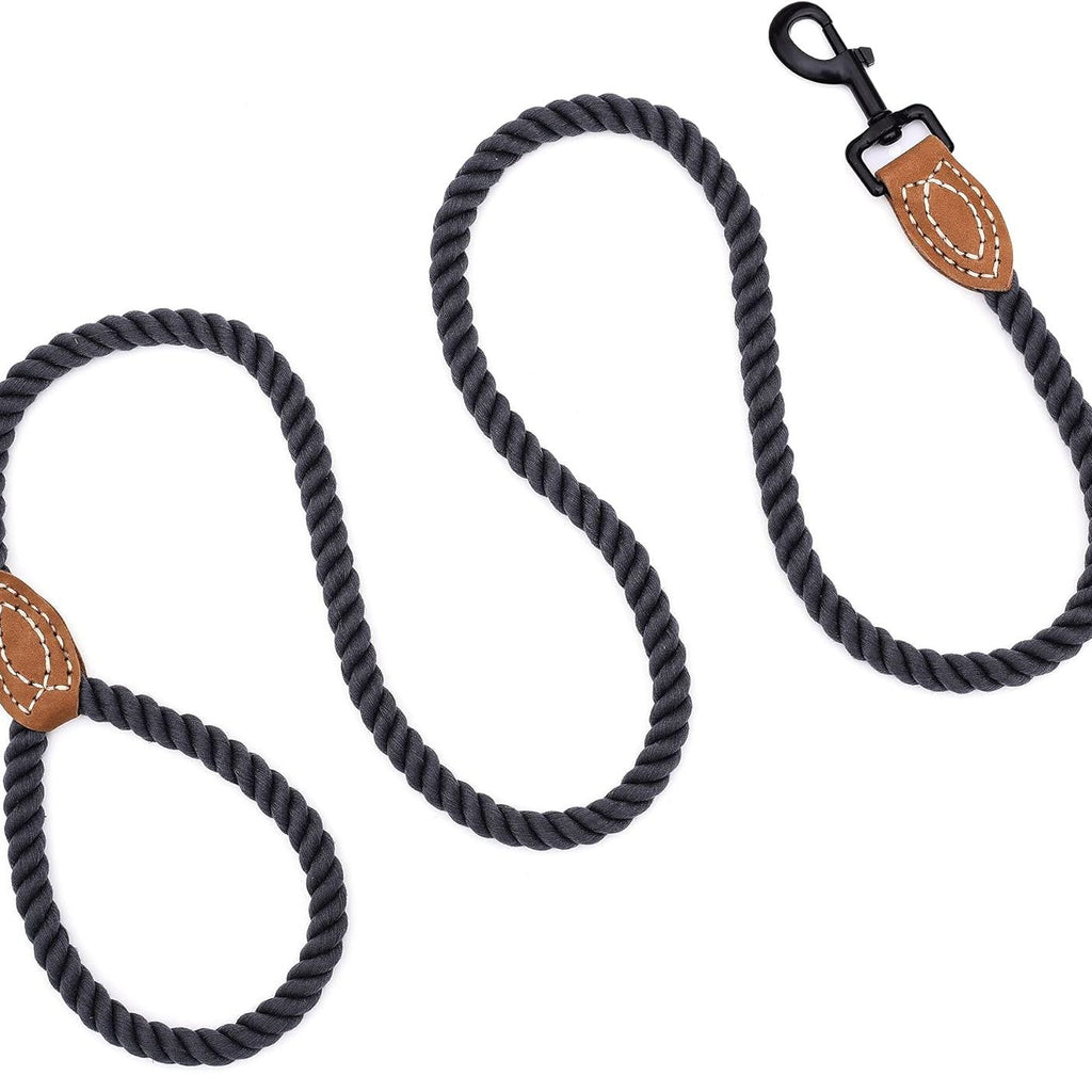 Dog Leash, Braided Cotton Rope Leashes with Leather Tailor Tip with Leather Tip - Heavy Duty Metal Clasp, 4FT, 1/2" Thick - Wedding, Walking for Medium Large Dogs(Dark Gray)