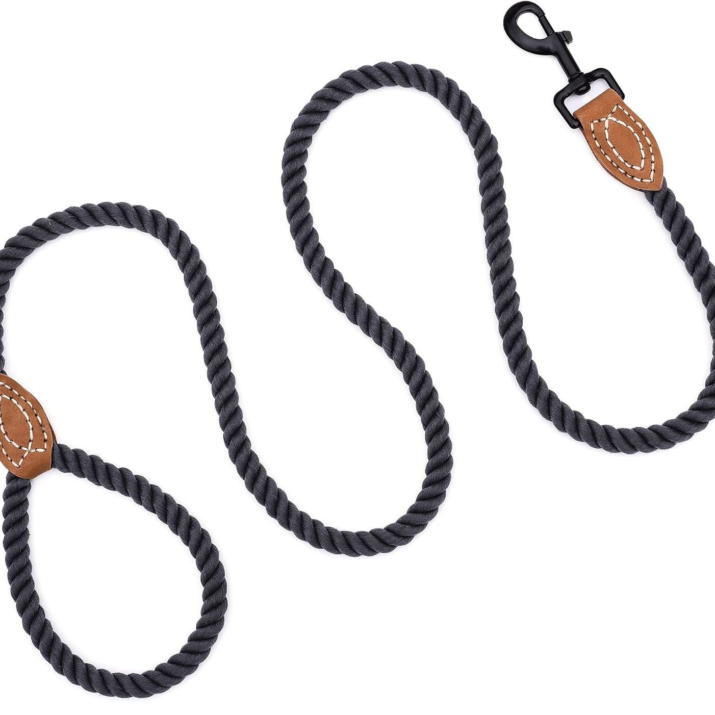 Dog Leash, Braided Cotton Rope Leashes with Leather Tailor Tip with Leather Tip - Heavy Duty Metal Clasp, 4FT, 1/2" Thick - Wedding, Walking for Medium Large Dogs(Dark Gray)