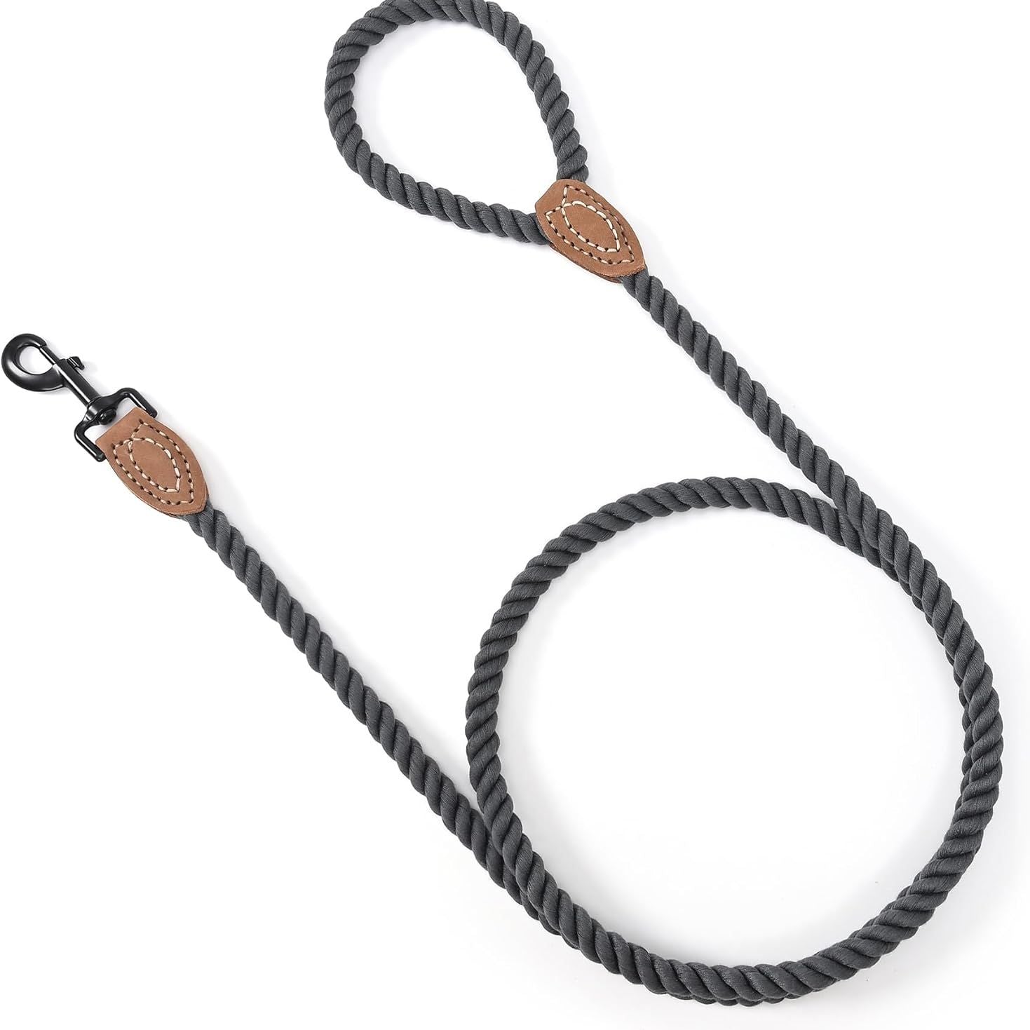 Dog Leash, Braided Cotton Rope Leashes with Leather Tailor Tip with Leather Tip - Heavy Duty Metal Clasp, 4FT, 1/2" Thick - Wedding, Walking for Medium Large Dogs(Dark Gray)