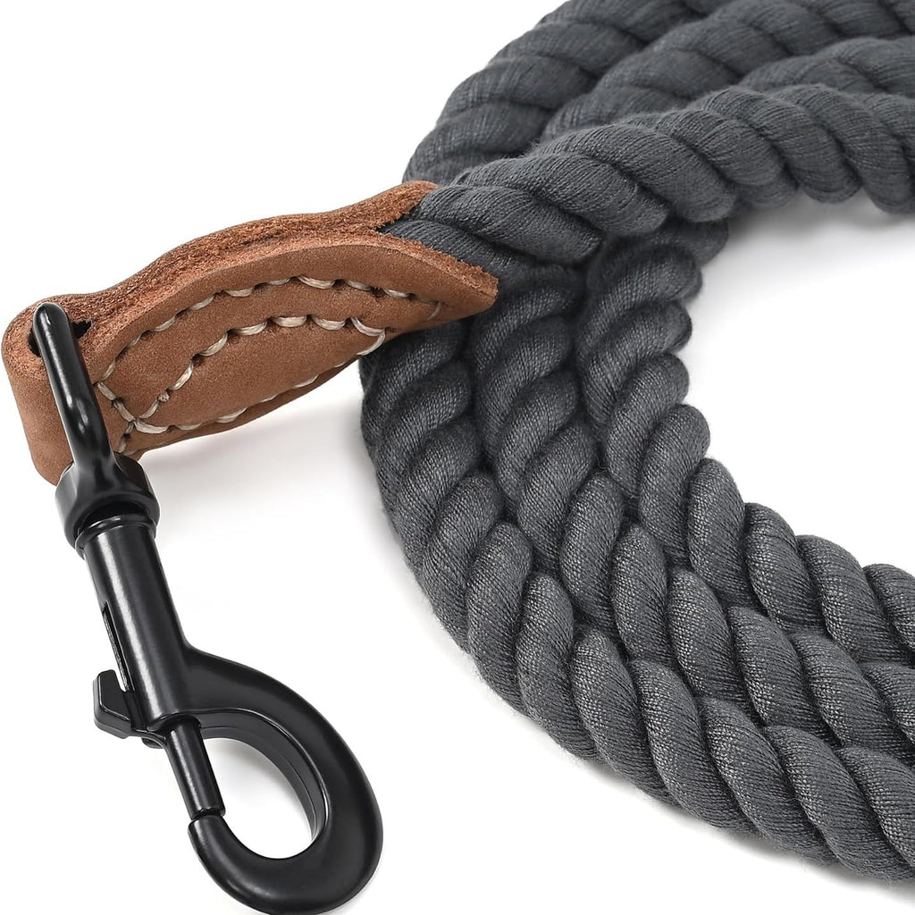 Dog Leash, Braided Cotton Rope Leashes with Leather Tailor Tip with Leather Tip - Heavy Duty Metal Clasp, 4FT, 1/2" Thick - Wedding, Walking for Medium Large Dogs(Dark Gray)